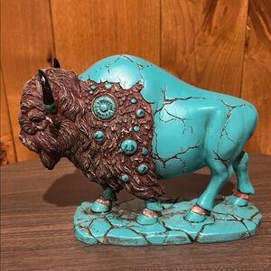 Turquoise and Brown Buffalo 9” Sculpture – Decorative Home Art
